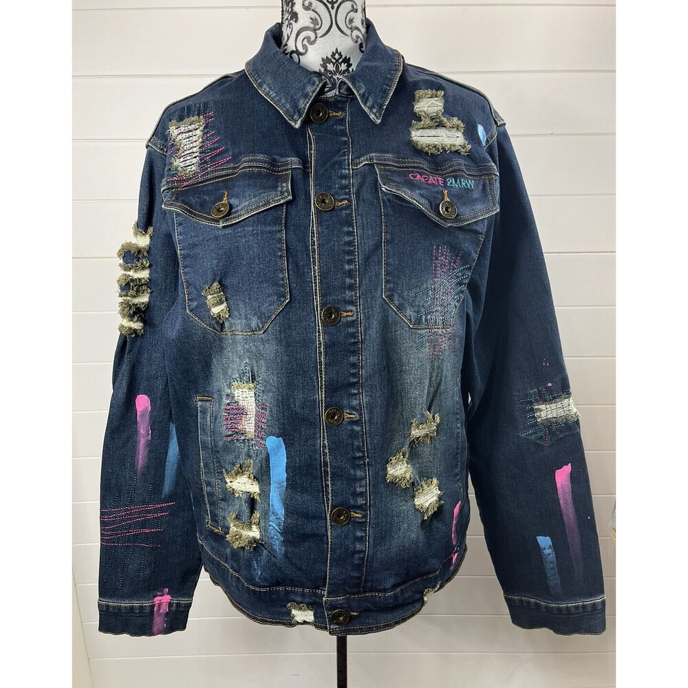 Create 2MRW Denim Jacket Womens Large Distressed Hand Painted Cotton Art to Wear